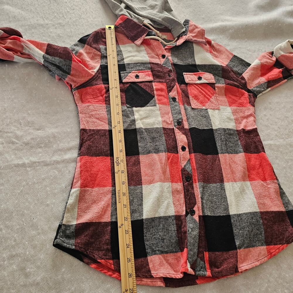 Adam Levine Women's Flannel Button Up Hoodie Top, Red Black White, Size L - Picture 11 of 11